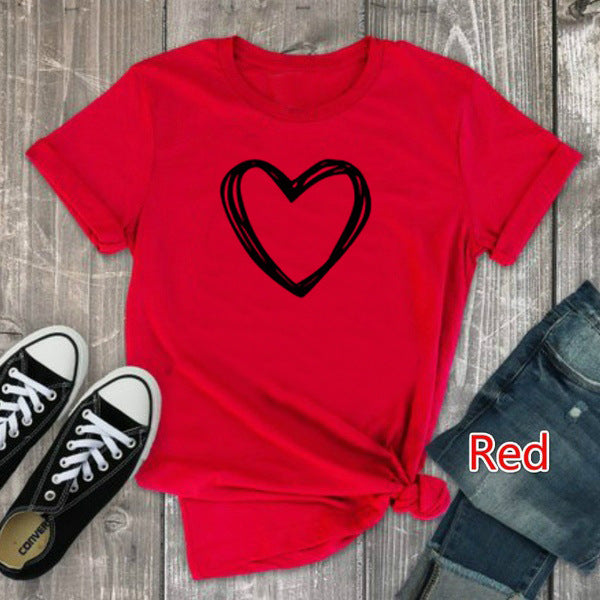 Adèle – T-shirt à motif cœur pour femme, manches courtes, col rond, ample