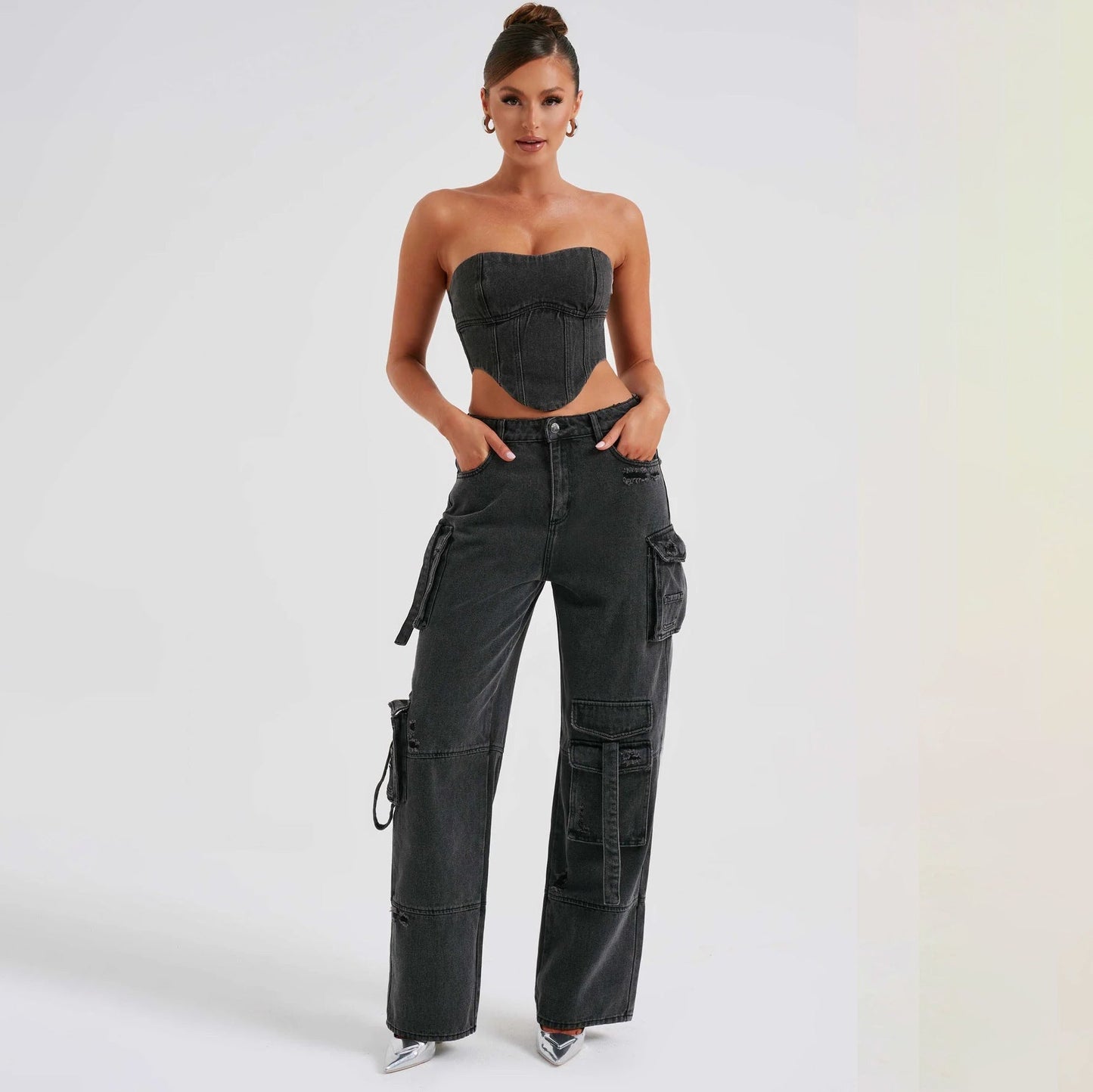 Sarah – Pantalon en denim taille basse avec coutures décoratives