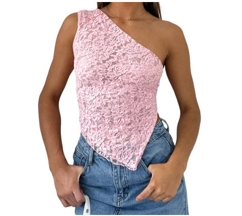 Kathleen – Haut Asymétrique sans Manches avec Dos en Dentelle en Couleurs Unies