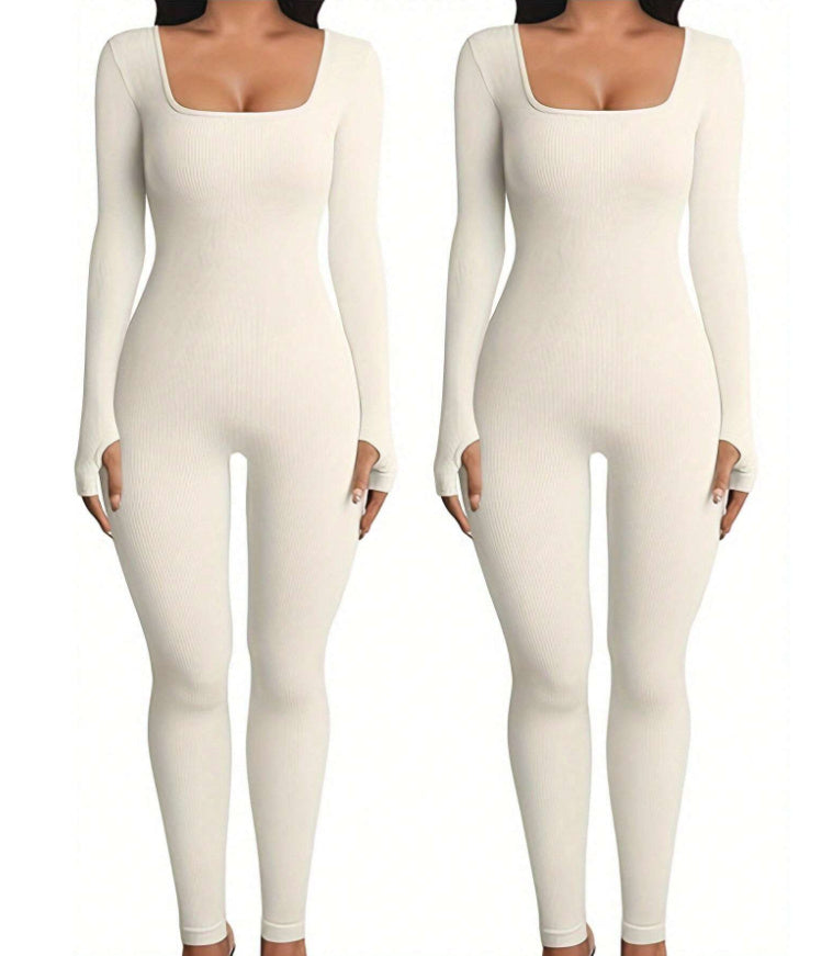 Abigail – Jumpsuit de Fitness à Manches Longues et Col Carré