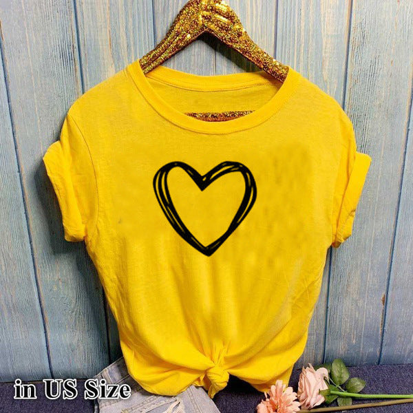 Adèle – T-shirt à motif cœur pour femme, manches courtes, col rond, ample
