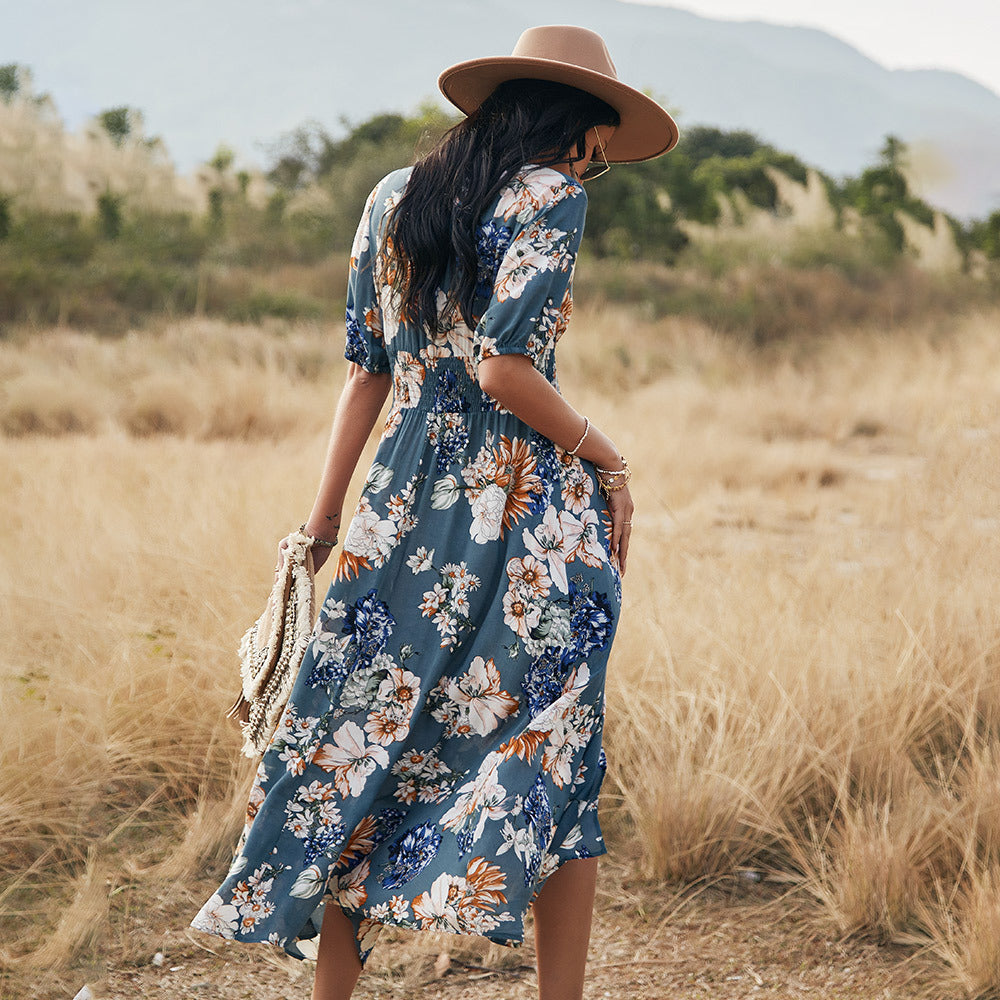 Ashley – Robe d'été florale avec encolure en V et taille élastique