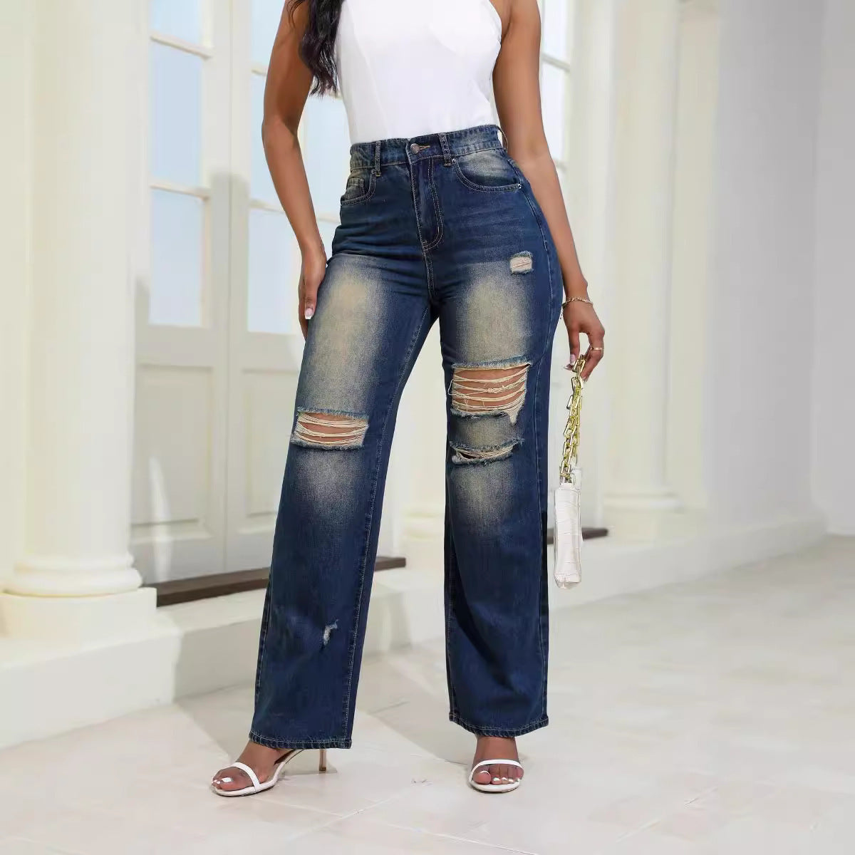 Kimberley – Jeans Haute Taille Confortables avec Poches et Déchirures