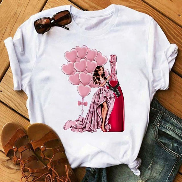 Emily – T-shirt Kawaii avec motif verre à vin rose