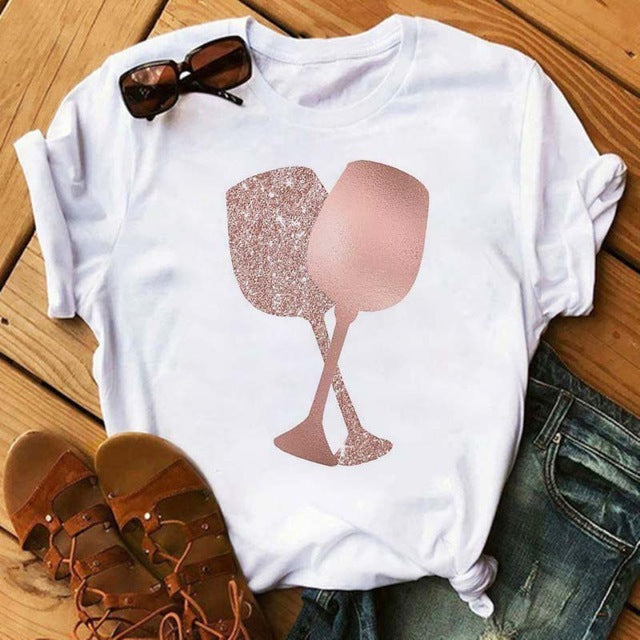 Emily – T-shirt Kawaii avec motif verre à vin rose