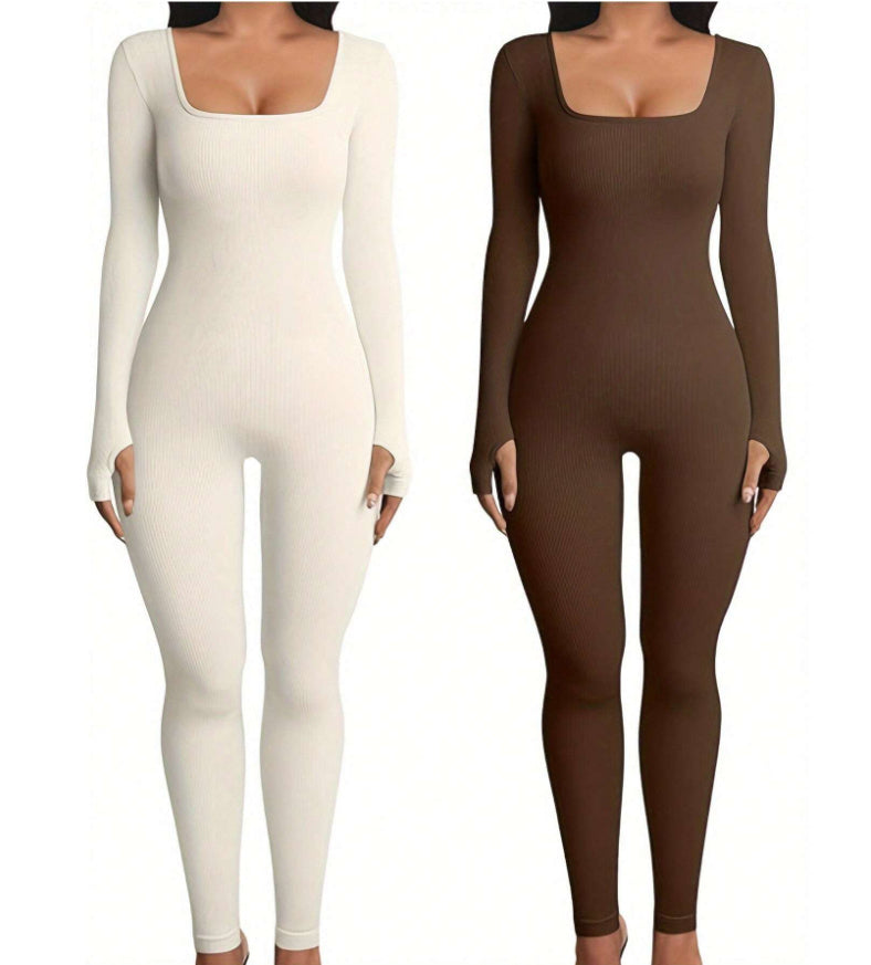 Abigail – Jumpsuit de Fitness à Manches Longues et Col Carré