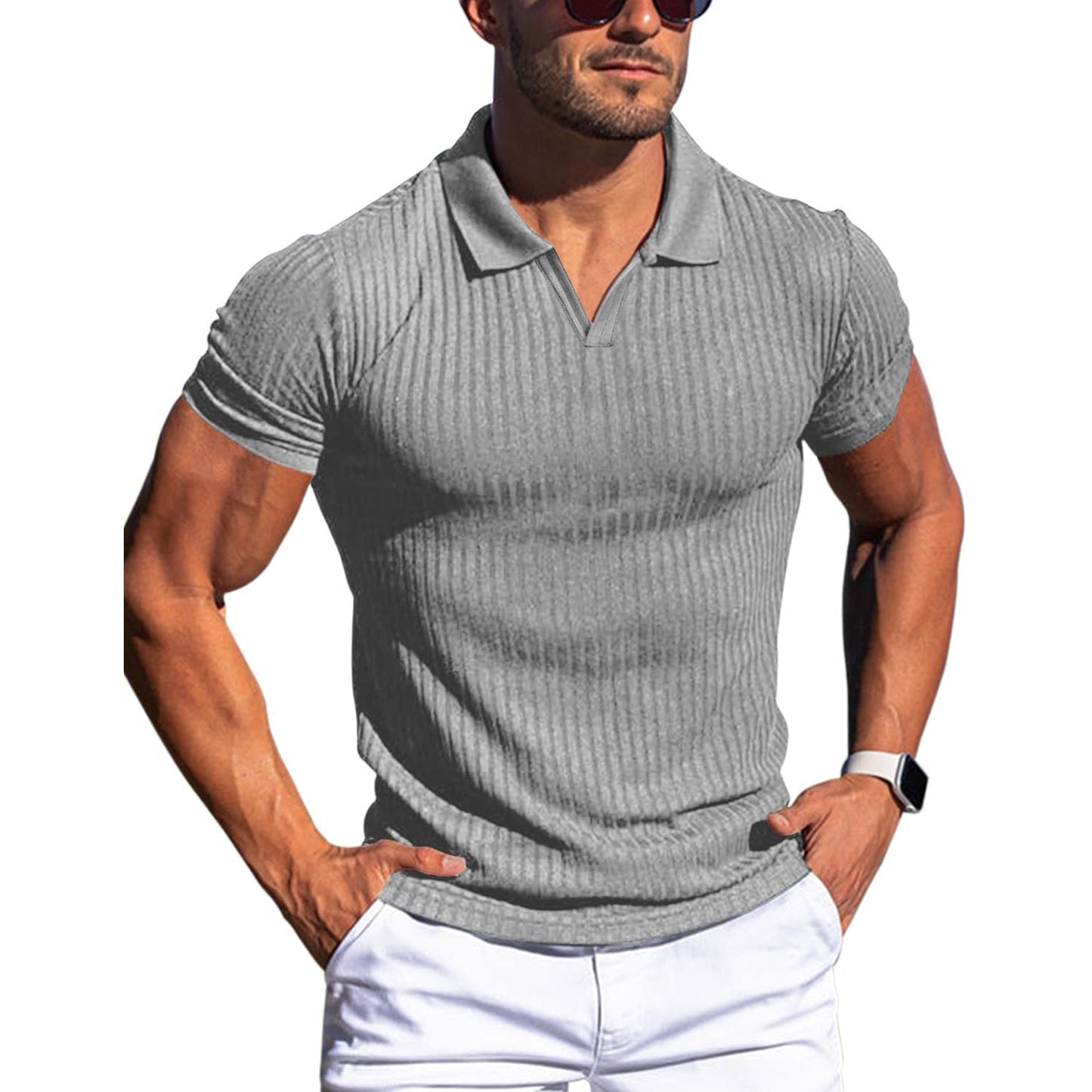Damien – T-shirt à rayures verticales pour hommes avec col en V