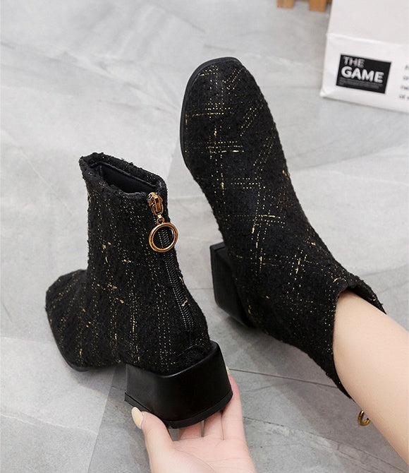 Megan – Bottes mi-hautes à talons épais en velours pour femmes