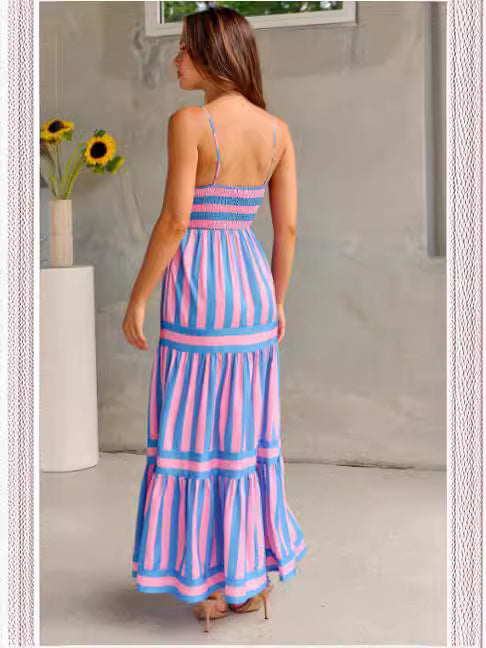 Andrea – Robe longue rayée avec bretelles et poches pour les vacances à la plage