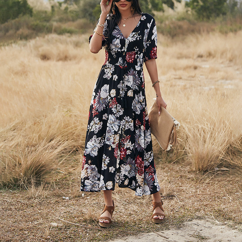 Ashley – Robe d'été florale avec encolure en V et taille élastique