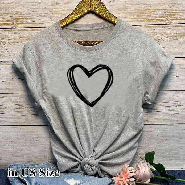 Adèle – T-shirt à motif cœur pour femme, manches courtes, col rond, ample