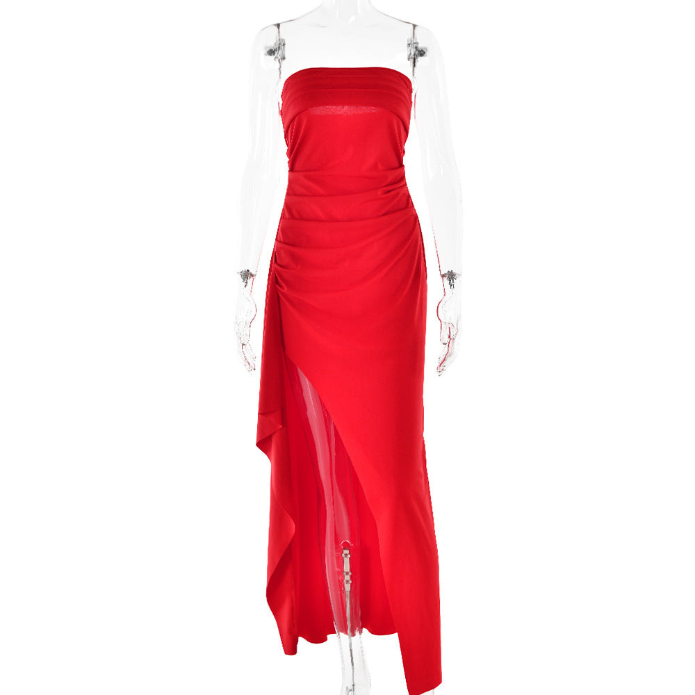 Angela – Robe Longue Sans Bretelles avec Fente et Plissé