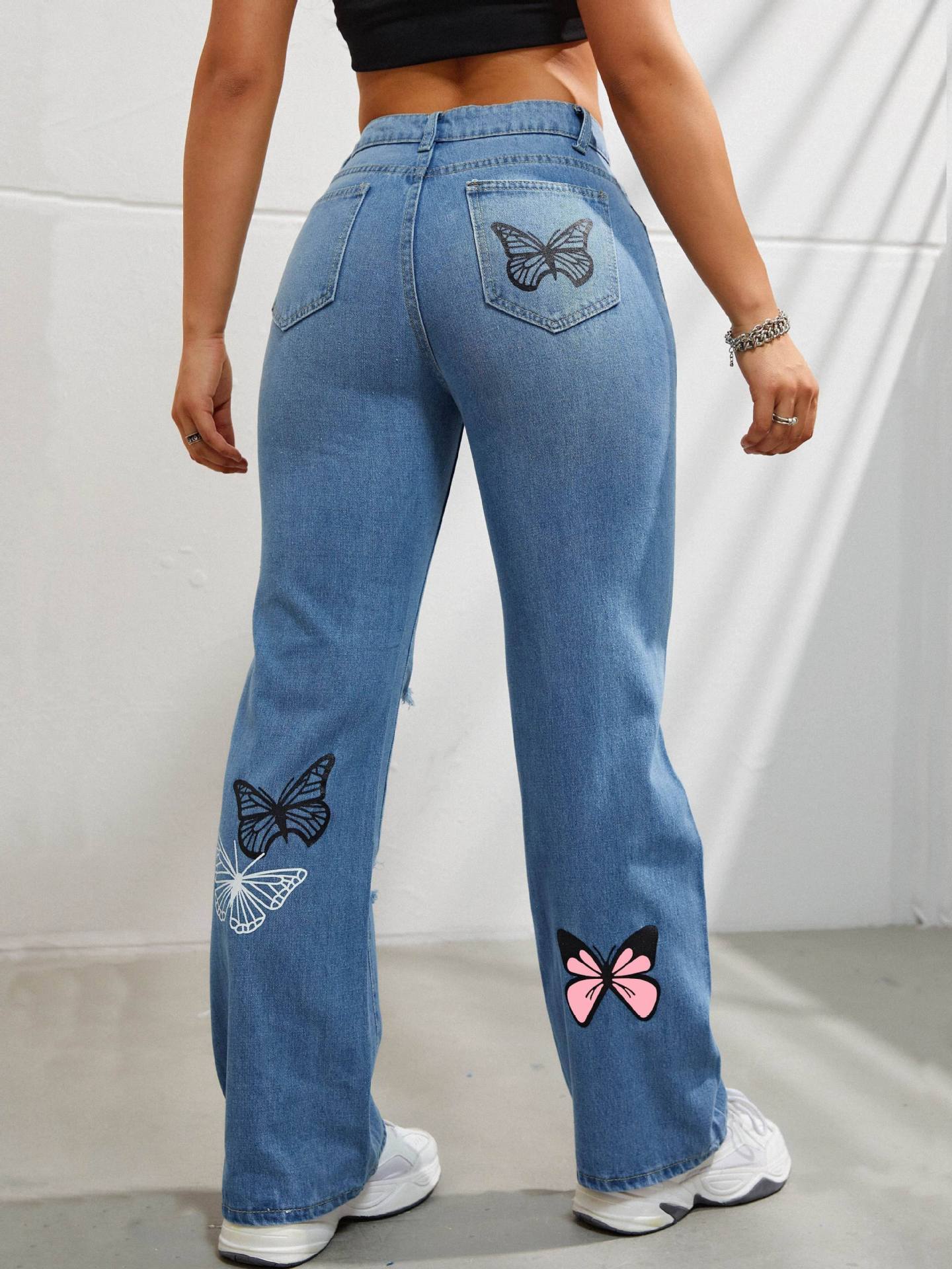 Samantha – Jean Taille Haute avec Imprimé Papillon