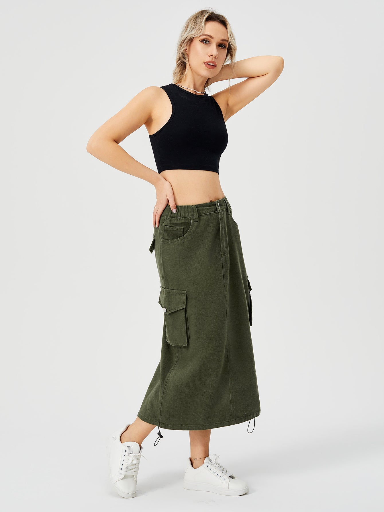 Victoria – Jupe Cargo Longue pour Femme avec Taille Haute et Fente Frontale