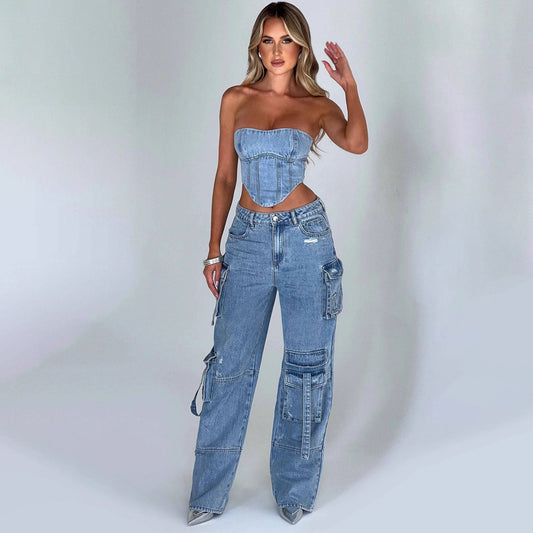 Sarah – Pantalon en denim taille basse avec coutures décoratives