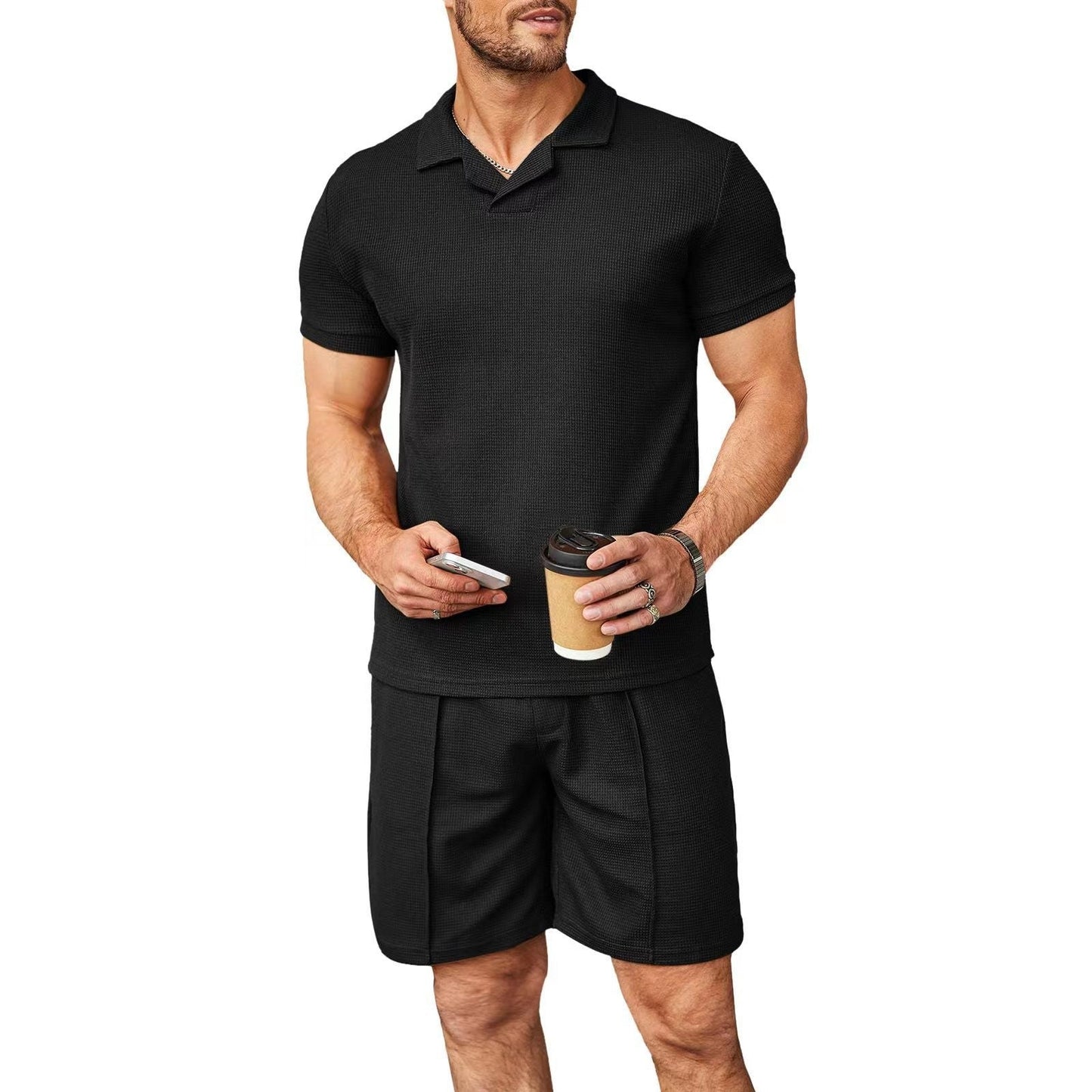 Jean – Polo pour hommes avec col en V et motif gaufré