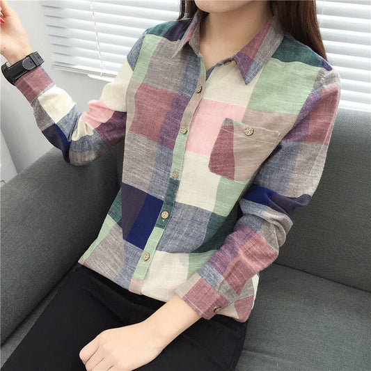 Karen – Blouse Vintage à Carreaux en Lin et Coton à Manches Longues