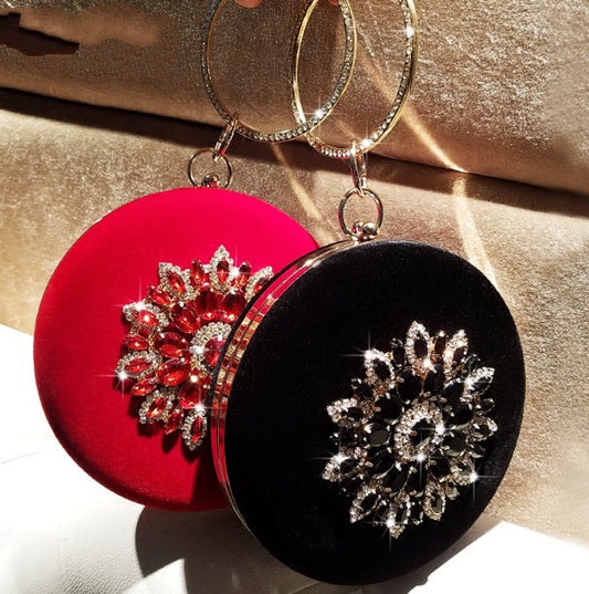Mandy – Petite pochette ronde de soirée en velours avec anneau diamant