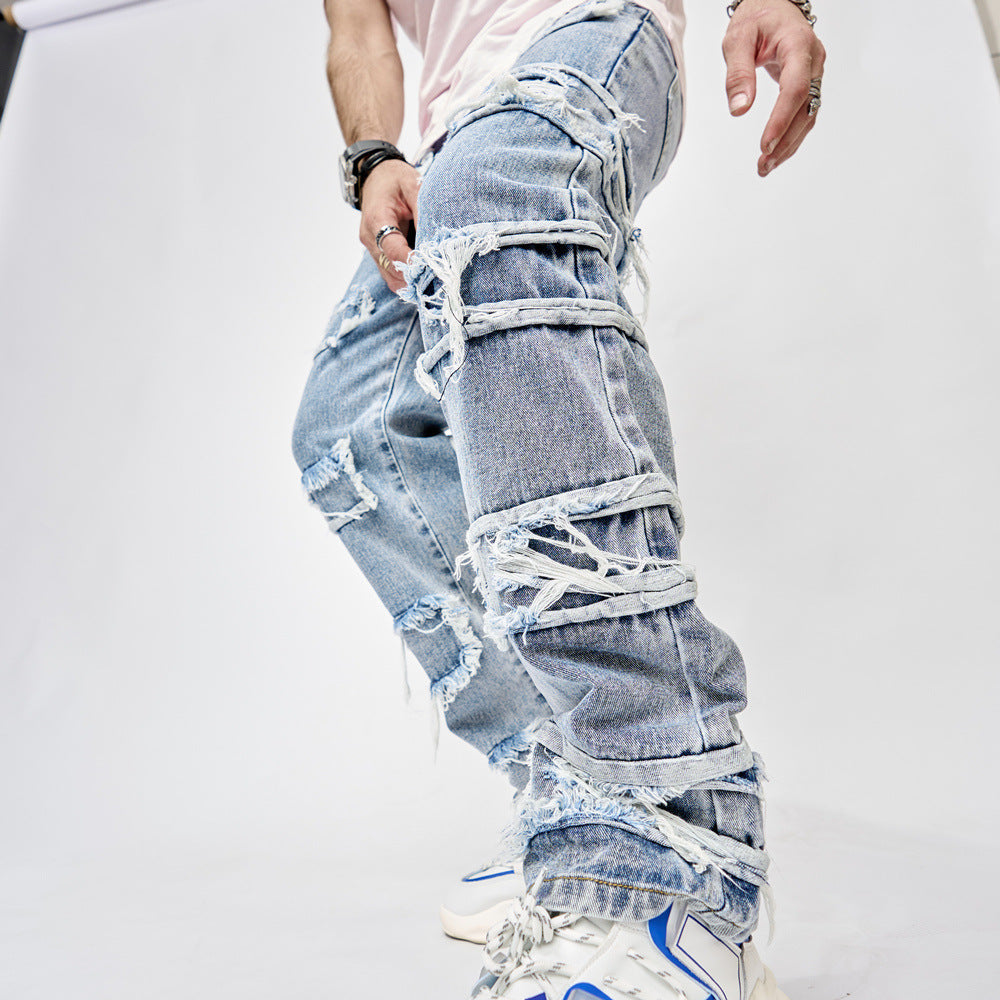 Roy – Jeans Hip-Hop Homme avec Patchwork et Coupe Droite