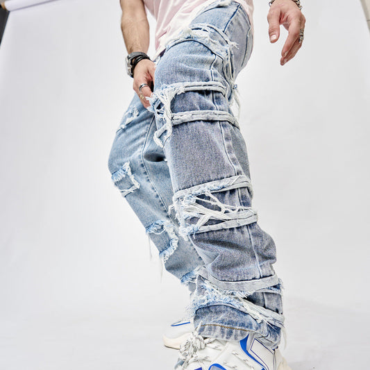 Roy – Jeans Hip-Hop Homme avec Patchwork et Coupe Droite