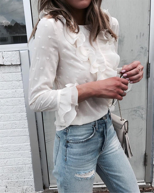 Sue – Blouse décontractée avec volants et pois en dentelle
