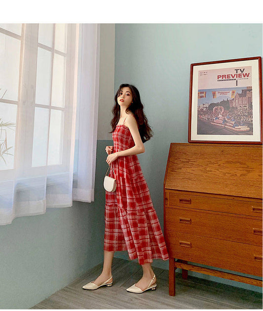 Caroline – Robe en chiffon à carreaux avec taille fine