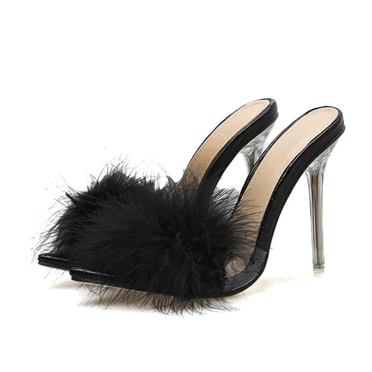 Kimberley – Talons hauts transparents en cristal avec fourrure éventail