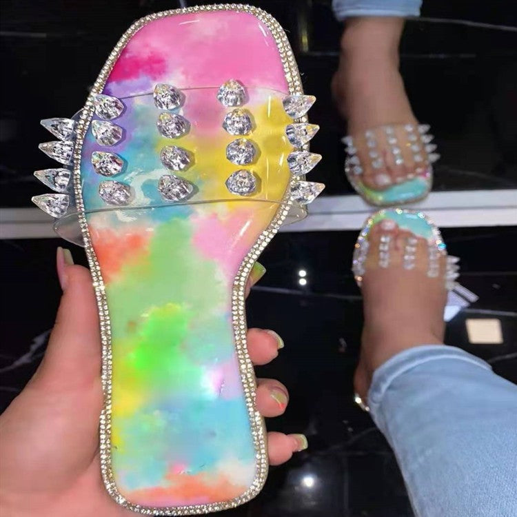 Michelle – Sandales de Plage Plates avec Strass et Rivets
