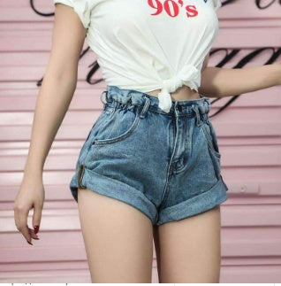 Sandra – Shorts en denim à taille haute avec ceinture élastique et jambes larges