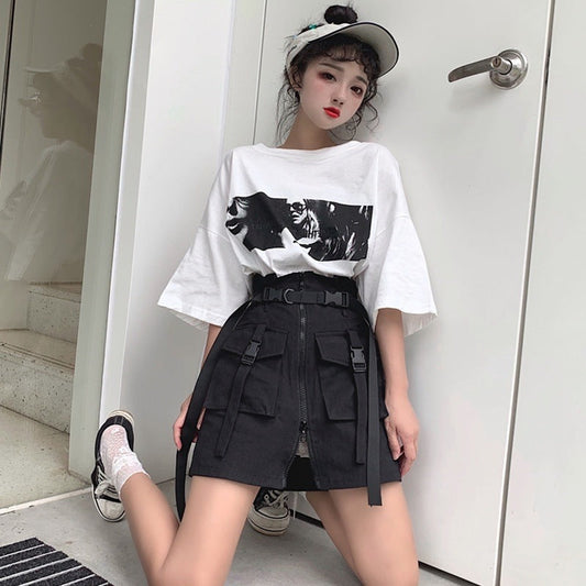 Danielle – Jupe Taille Haute Style Harajuku avec Poches et Fermeture Éclair
