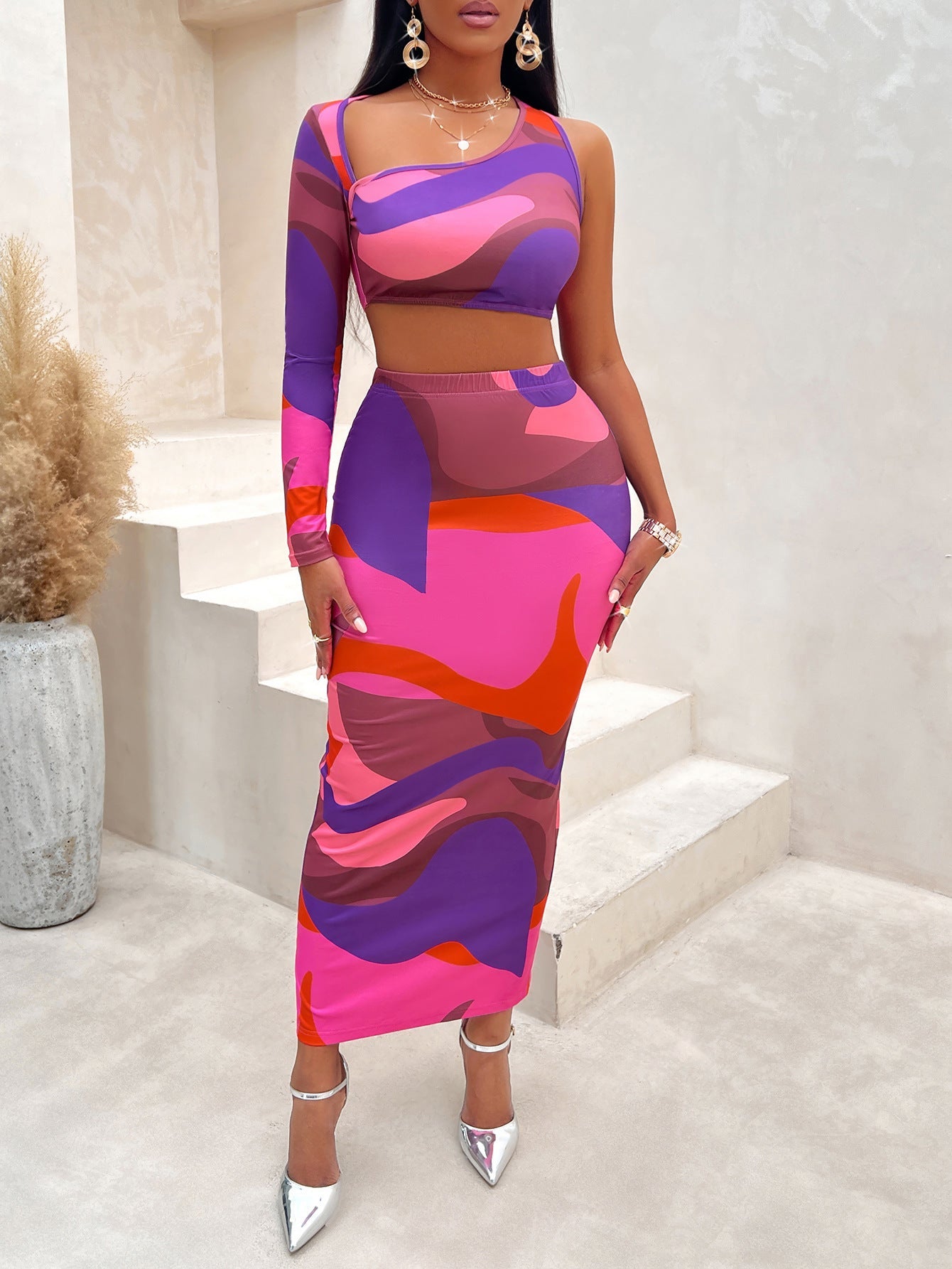 Michelle – Ensemble asymétrique à une épaule avec imprimé