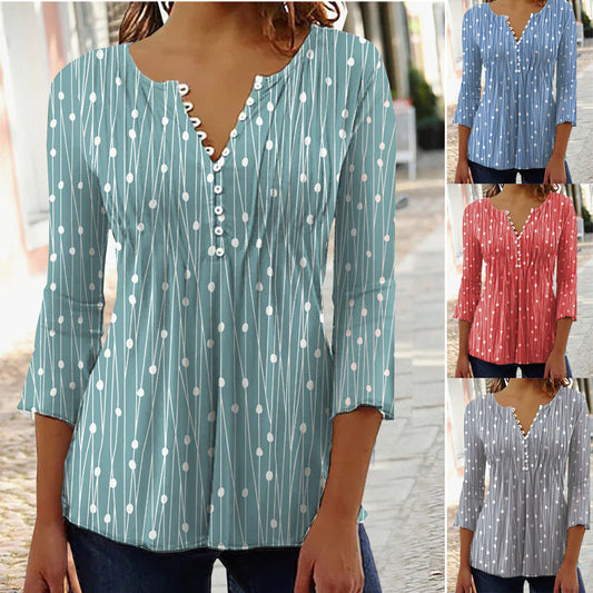 Brenda – Blouse à Manches Longues Imprimée avec Col en V