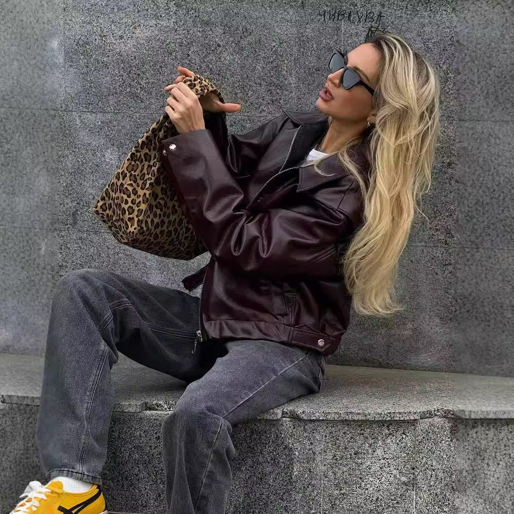 Michelle – Veste décontractée à manches longues avec revers et fermeture éclair en cuir vegan