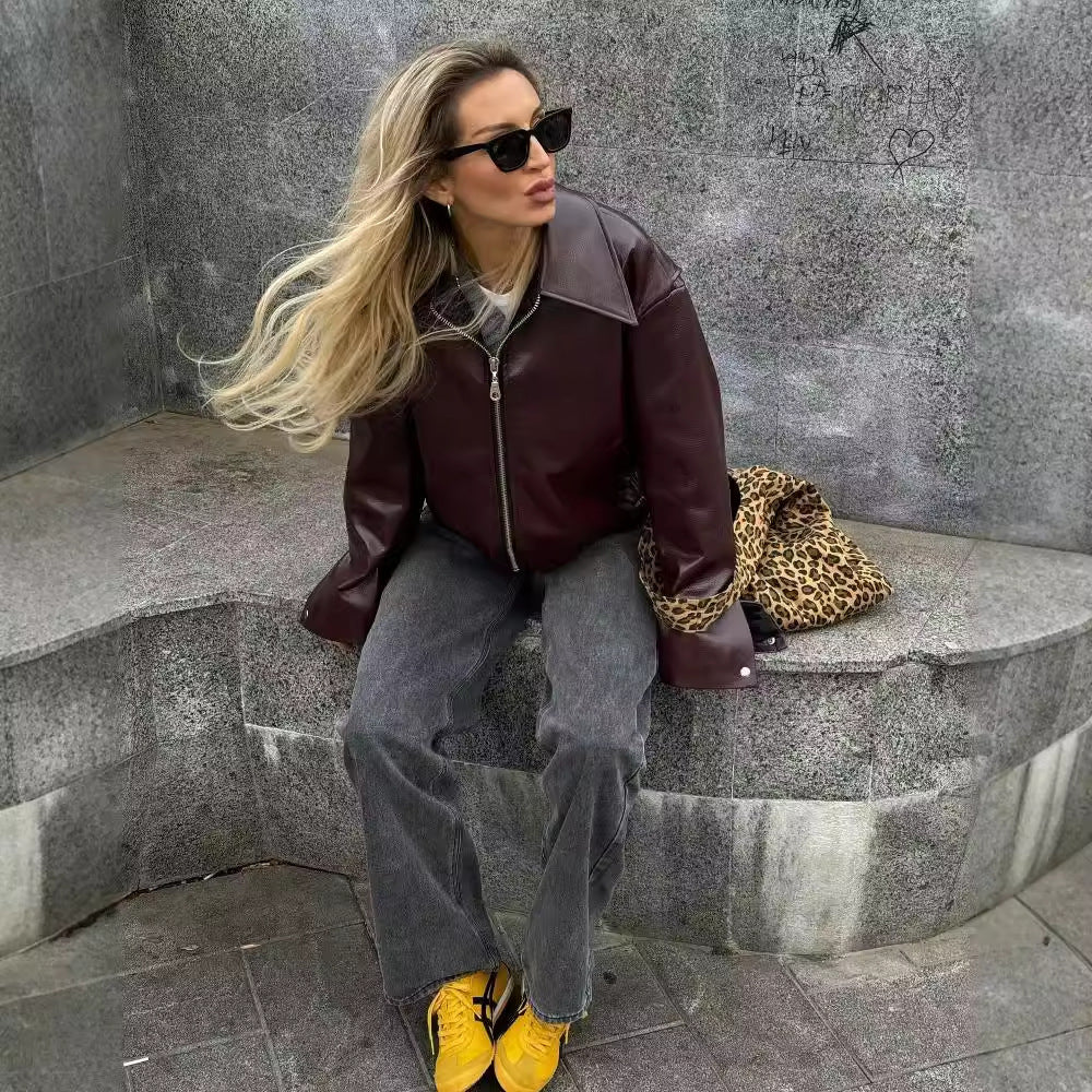 Michelle – Veste décontractée à manches longues avec revers et fermeture éclair en cuir vegan