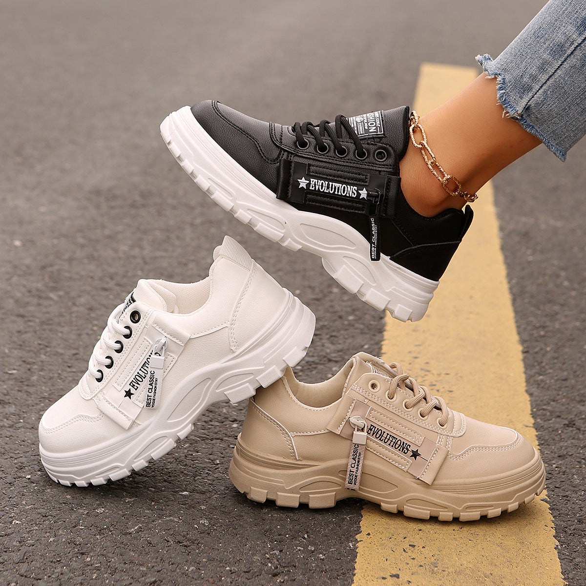 Heather – Sneaker à Lacets avec Fermeture Éclair Latérale et Semelle Épaisse