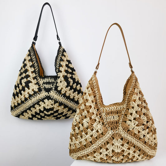 Jessie – Sac en paille fait main avec couleur contrastée ajourée