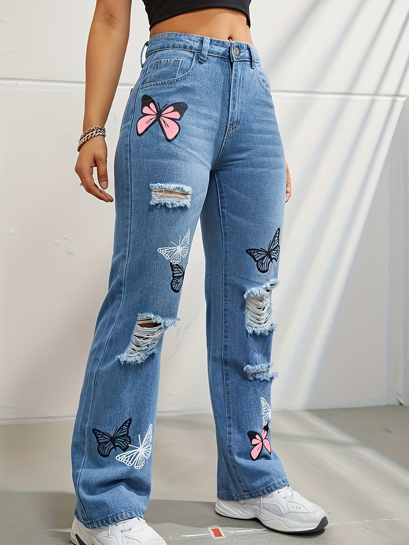 Samantha – Jean Taille Haute avec Imprimé Papillon