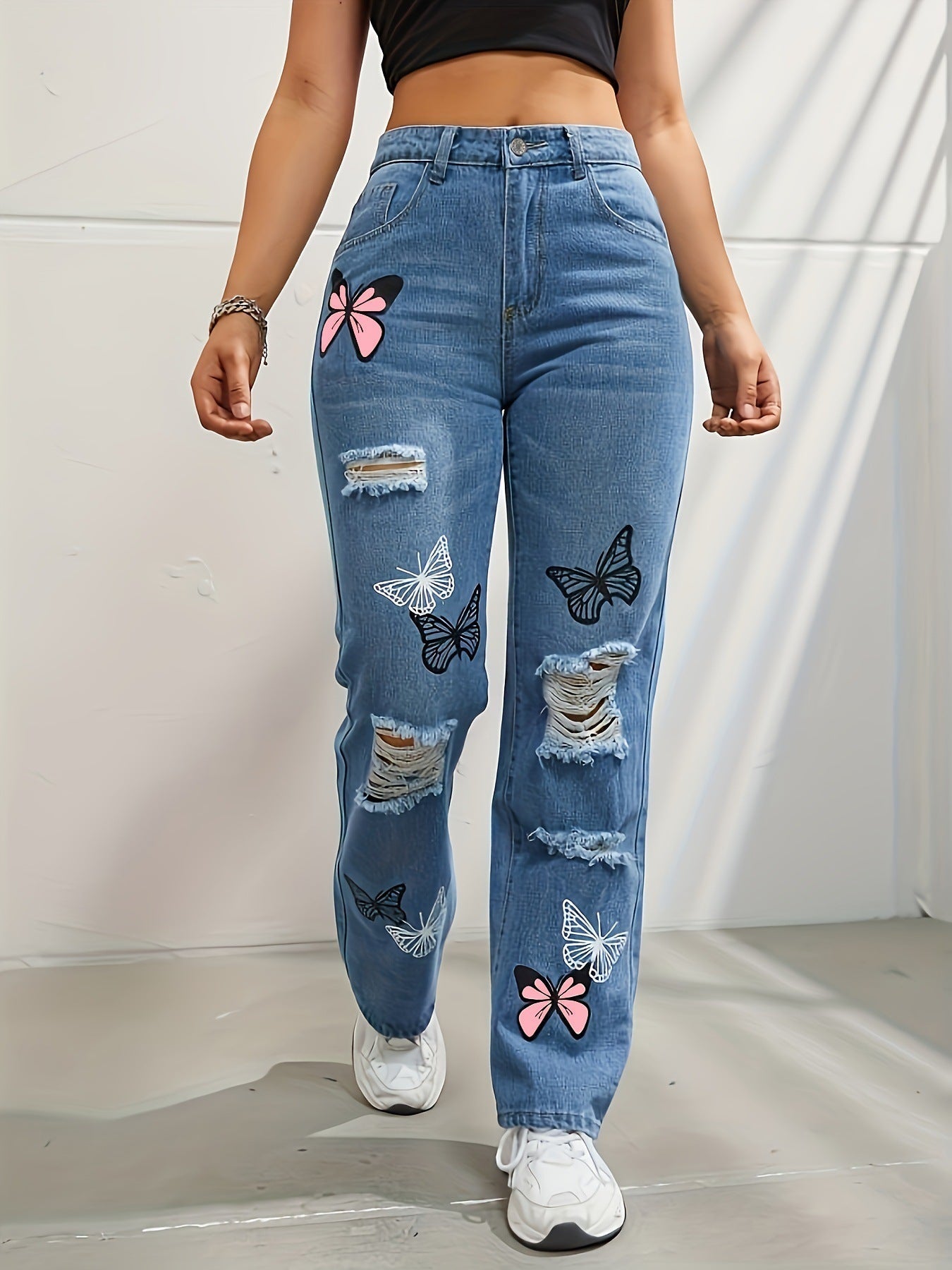 Samantha – Jean Taille Haute avec Imprimé Papillon