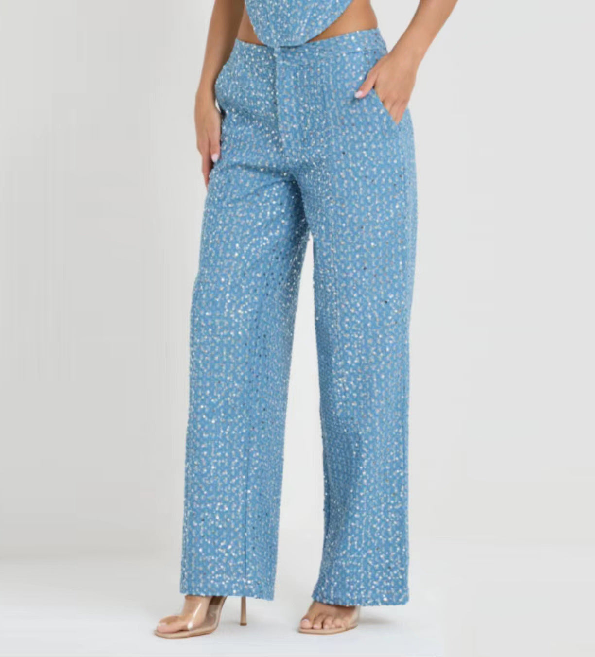 Joan – Ensemble Tube Top en Denim à Sequins avec Pantalon Large
