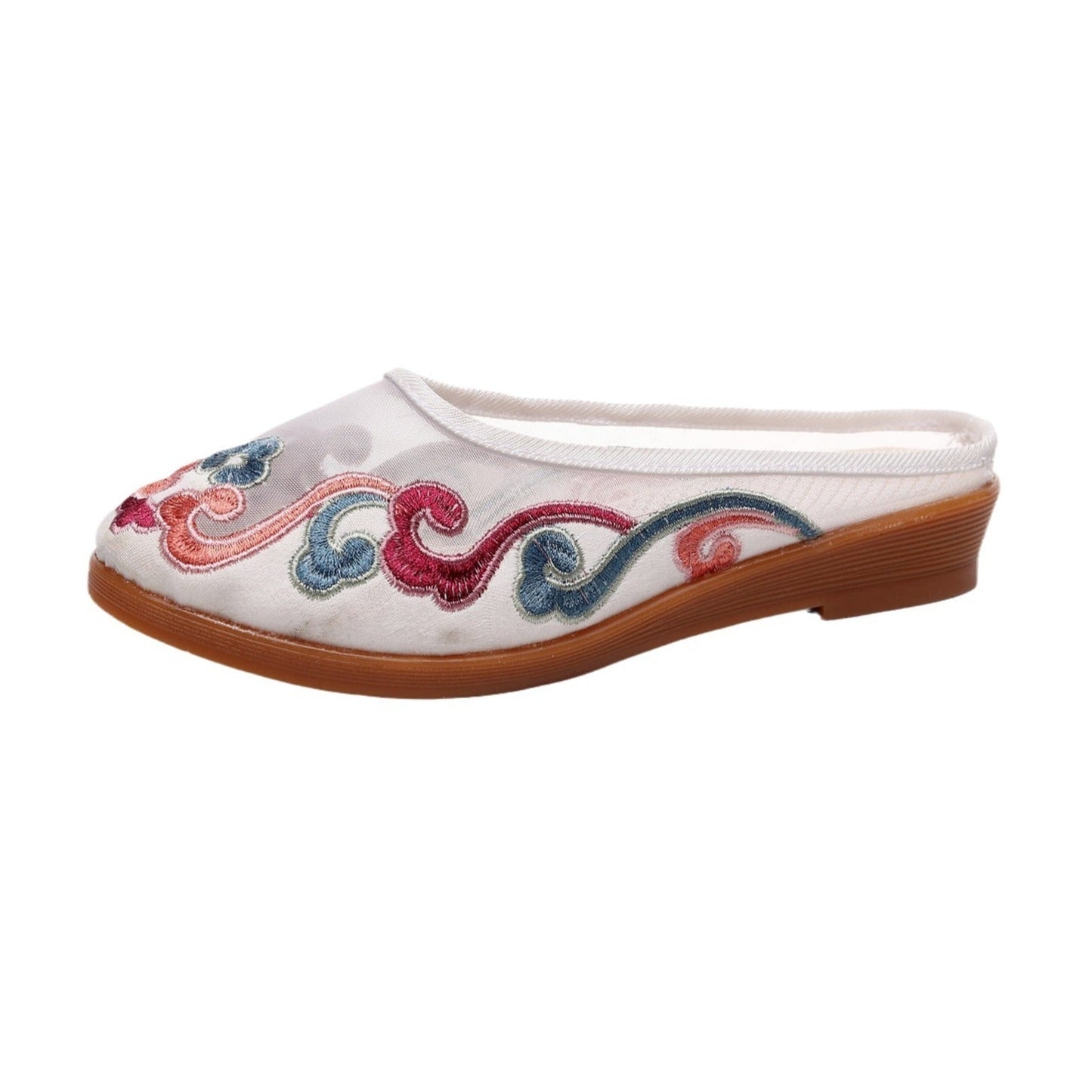 Rose – Mules en Coton Brodé Style Rétro