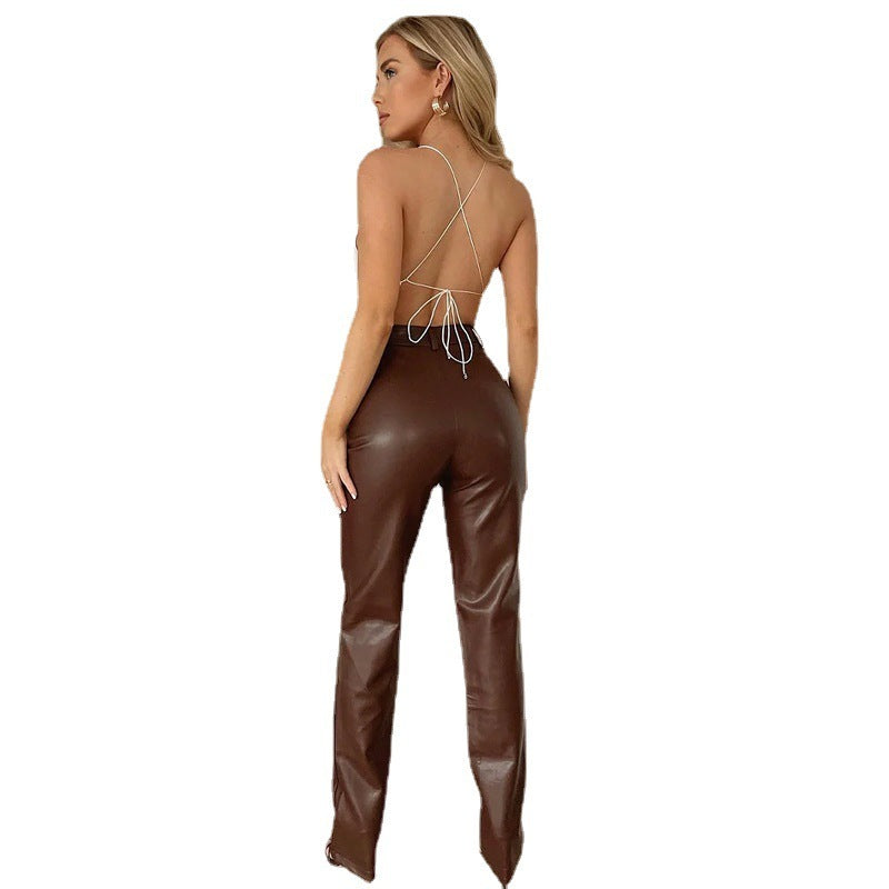 Miranda – Pantalon extensible en cuir vegan pour femmes, pantalon décontracté multicolore