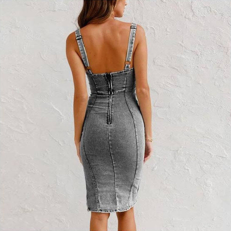 Alison – Robe en jean d'été pour femme avec bretelles et design fendu