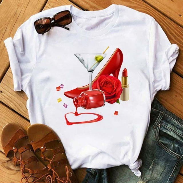 Emily – T-shirt Kawaii avec motif verre à vin rose