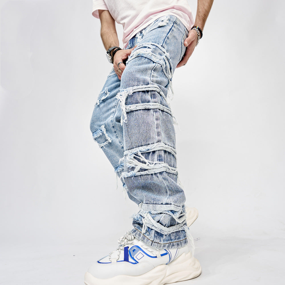 Roy – Jeans Hip-Hop Homme avec Patchwork et Coupe Droite