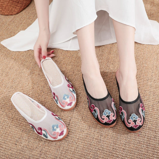 Rose – Mules en Coton Brodé Style Rétro
