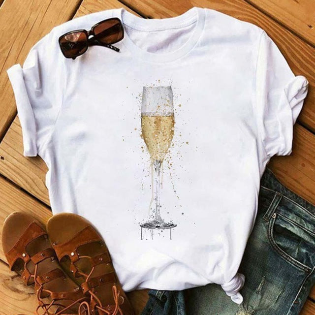 Emily – T-shirt Kawaii avec motif verre à vin rose