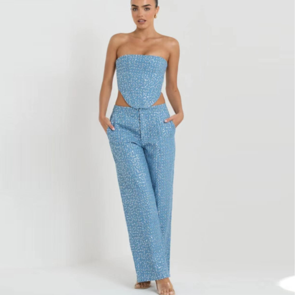 Joan – Ensemble Tube Top en Denim à Sequins avec Pantalon Large