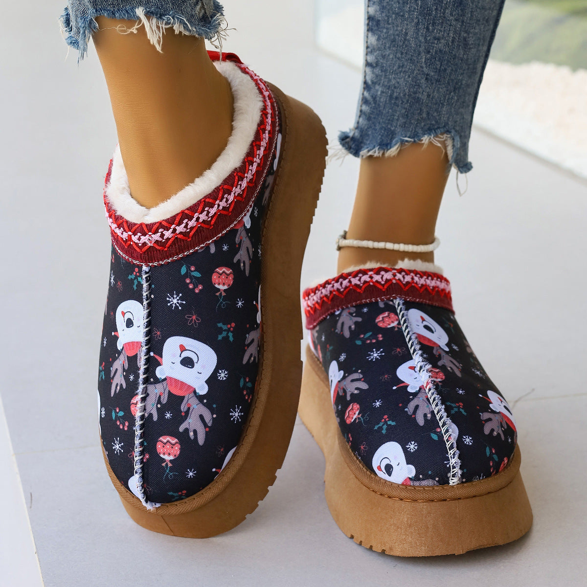 Mary – Bottines à Imprimé de Noël pour Femmes avec Doublure en Peluche