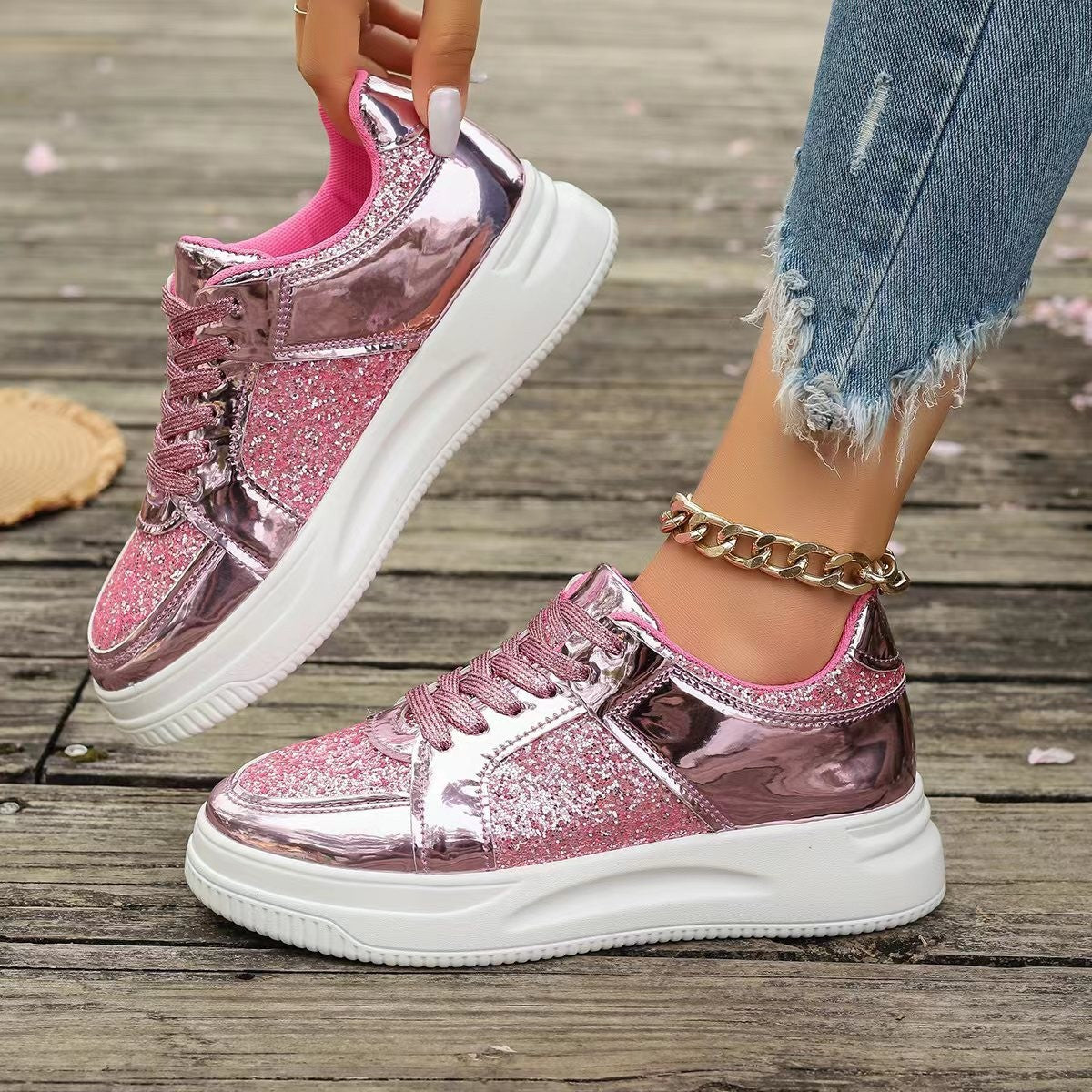 Brenda – Baskets à lacets avec paillettes et semelle antidérapante