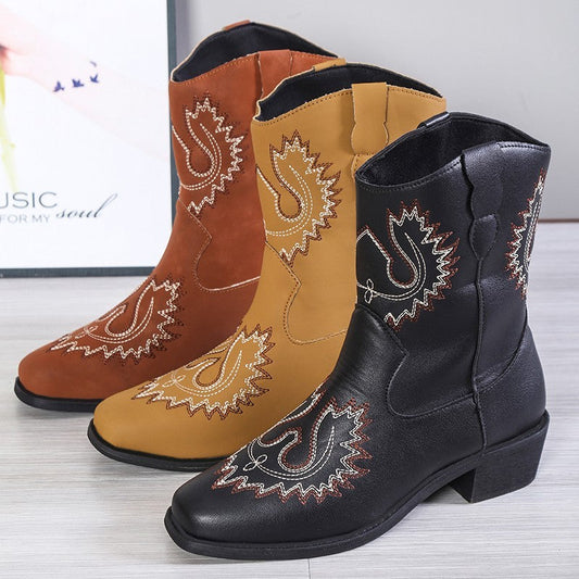 Catherine – Bottes Western Brodées avec Talon Épais